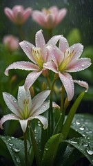 Group of pink lilies captured in midst of gentle rain, with water droplets adorning their petals, leaves, creating fresh, vibrant scene. Flowers stand out against dark, blurred background.