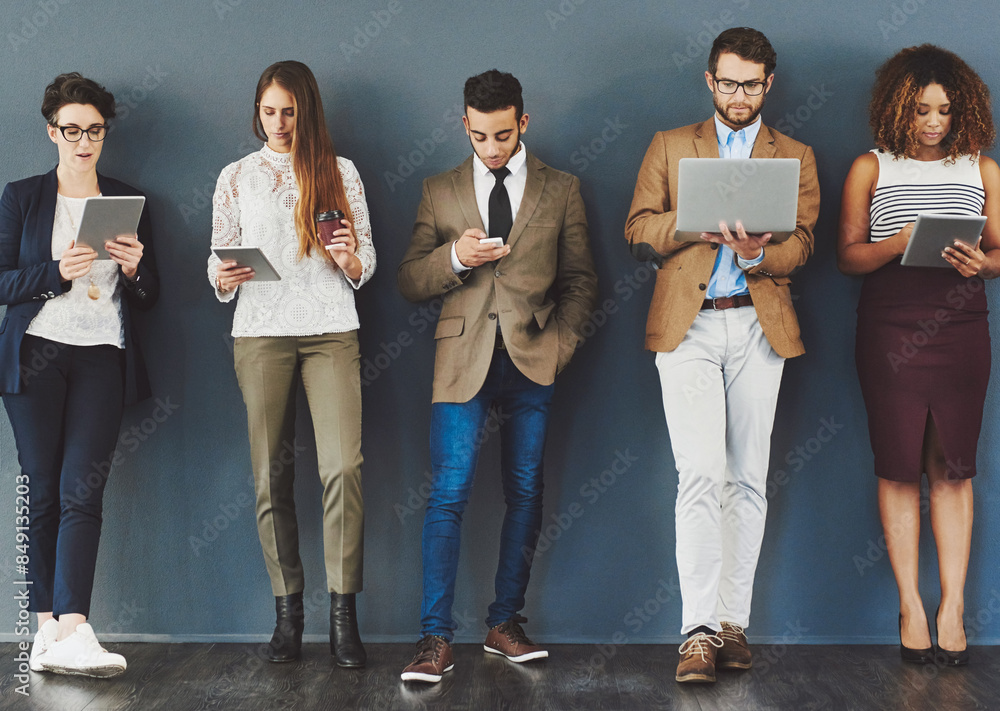 Aufkleber business, people and office queue with devices, connection and tech with employees for online networ