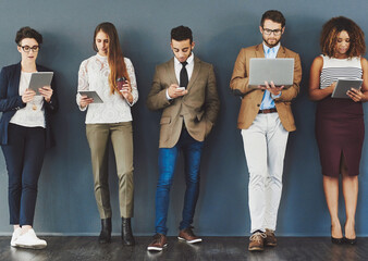 Business, people and office queue with devices, connection and tech with employees for online...