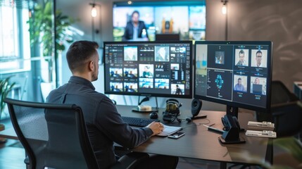 A man is sitting at a desk with two computer monitors in front of him