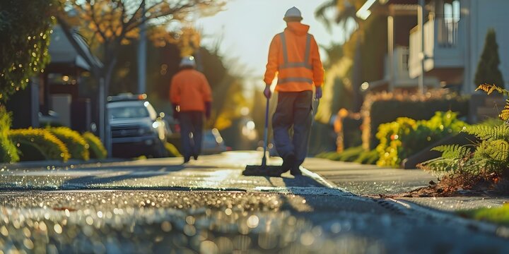 Municipal workers committed to maintaining clean streets in the community. Concept Public Sanitation, City Maintenance, Community Clean-Up Crew, Civic Pride