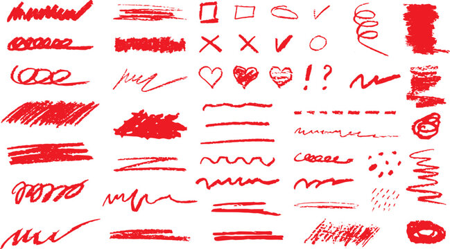 Big Set of Hand drawn by Wax crayon underline check mark, red marker. Vector illustration hand drawn. Check marks collection