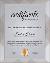 Certificate of achievement border template with luxury badge and modern line pattern.