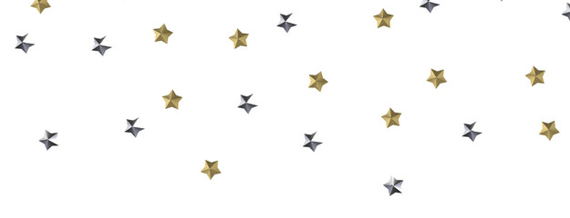 Banner with golden decoration. Festive border with falling glitter dust and stars.