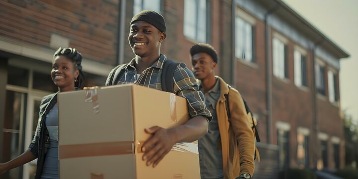 Black college student moving into dorm with parents helping carry crates. Concept college, student, dorm, parents, moving