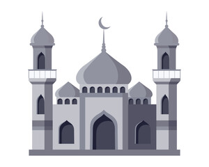 Mosque with minaret and crescent isolated on white background. Arabic architectural object. Religious Islamic cultural landmark. Romadan Karim.