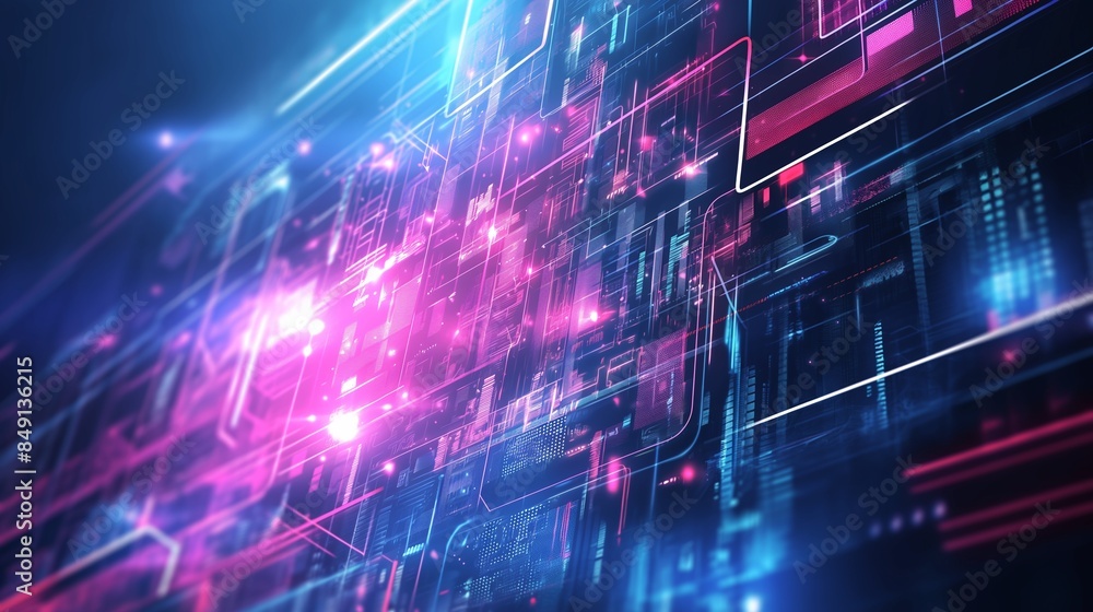 Poster abstract technology background with a blend of holographic elements and digital interfaces, using br