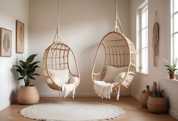 interior design style- reading nook with a hanging rattan chair, cozy floor pouf, and a macrame wall hanging