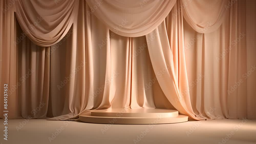 Aufkleber beige draped curtains with circular platform generative ai