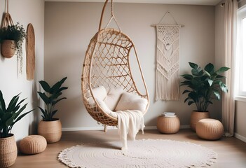 interior design style- reading nook with a hanging rattan chair, cozy floor pouf, and a macrame wall hanging
