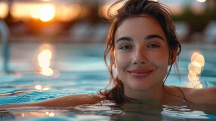Close up portrait of a beautiful woman with brown hair in a spa pool, relaxing and smiling at the camera