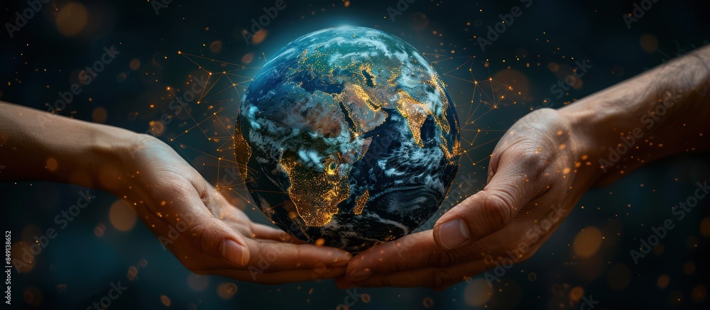 Aufkleber hands touching the earth and circling global network connection, innovation. creative and inspiring 