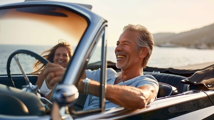 photo of A middleaged man driving in his vintage convertible, laughing and enjoying the wind on an early morning ride along picturesque coastal cliffs