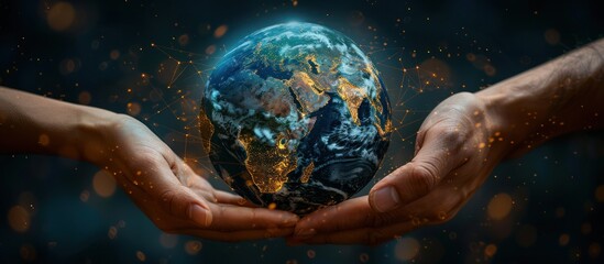 Hands touching the earth and circling global network connection, Innovation. Creative and inspiring ideas and networking