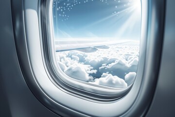 Airplane window. Looking at the clouds through a passenger plane window. Generative Ai