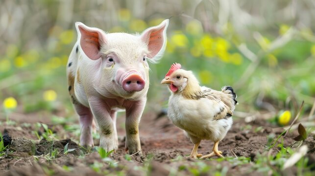 Image of an adorable farm pig and hen