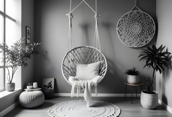 interior design style- reading nook with a hanging rattan chair, cozy floor pouf, and a macrame wall hanging