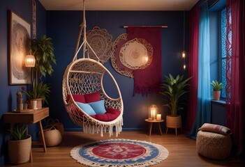 interior design style- reading nook with a hanging rattan chair, cozy floor pouf, and a macrame wall hanging
