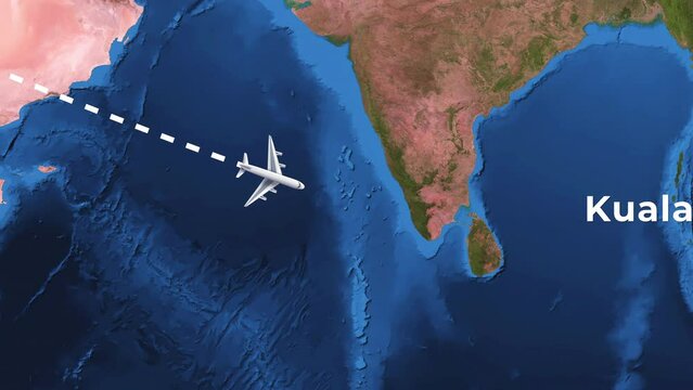 International flight travel route from Paris to Kuala Lumpur on worlds map in 4K