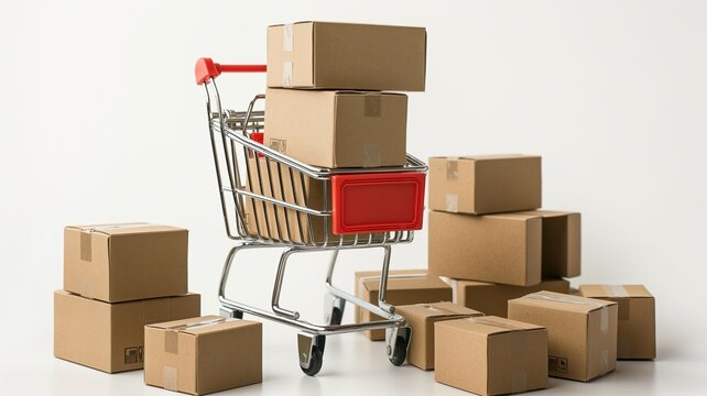 Shopping Cart Full of Cardboard Boxes on White Background