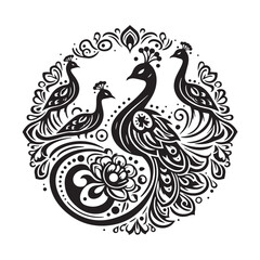 Silhouette Ornate Peacock Pair Vector Illustration Intricate Mandala Style Design.