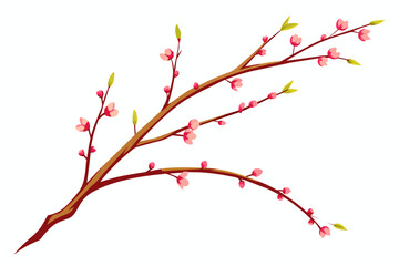 Very Thin Sakura Branch with Flowers in Buds,tree, branch, spring, flower, nature, blossom, cherry, vector, design, plant, floral, sakura, leaf, 