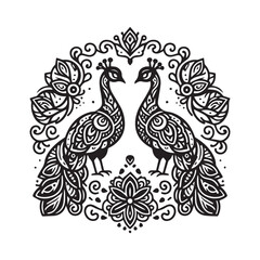 Silhouette Vector Art Featuring Majestic Peafowls in Detailed Floral and Mandala Design.
