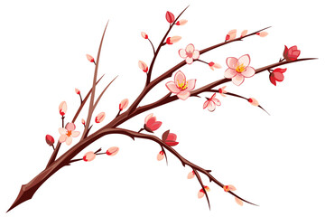 Very Thin Sakura Branch with Flowers in Buds,tree, branch, spring, flower, nature, blossom, cherry, vector, design, plant, floral, sakura, leaf, 