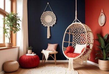 interior design style- reading nook with a hanging rattan chair, cozy floor pouf, and a macrame wall hanging