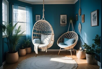 interior design style- reading nook with a hanging rattan chair, cozy floor pouf, and a macrame wall hanging