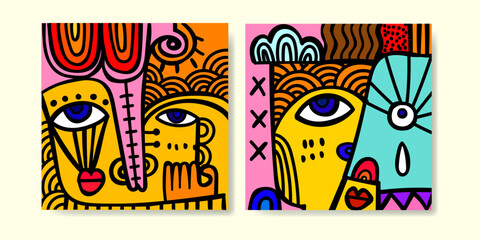 Face portrait abstraction geometric, shapes and doodle hand drawn vector wall art illustration. Creative graphic design minimalist silhouette cubism people.
