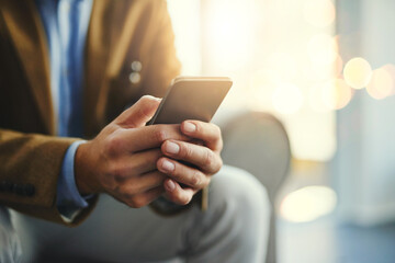 Phone, internet and hand of businessman in office for investment, feedback and reading finance...
