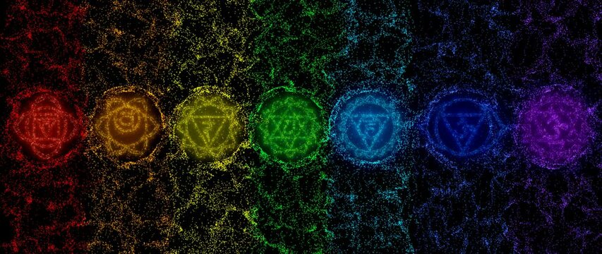 cyclic 3D rendering. chakras in esotericism. the glowing particles scatter in different directions