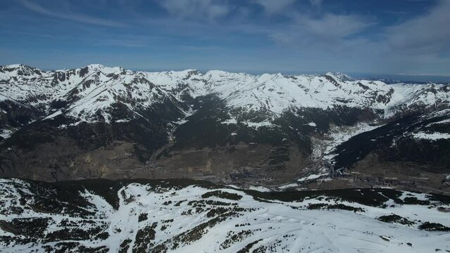 Aerial video over Coll blanc KSB ski resort, Andorra in a snowy winter