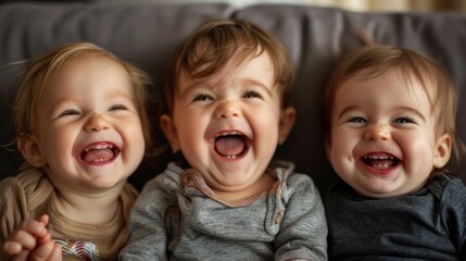 Three young children sitting on a couch with their mouths open