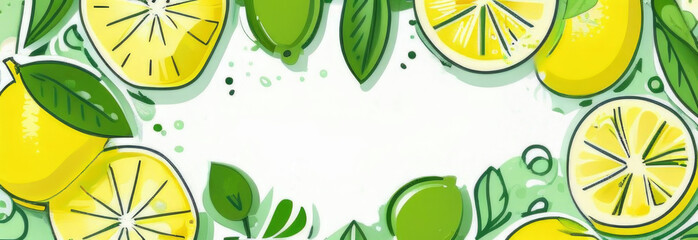 banner illustration a lot of lemons and green leaves, watercolor picture on a white background. Detox and refreshing concept. Copy space. National Lemonade Day.