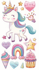 A set of cute unicorns and cupcakes