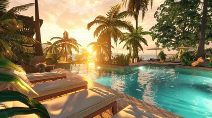 Fototapeta premium A large swimming pool surrounded by palm trees