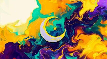 A digital illustration featuring an Islamic crescent moon and star