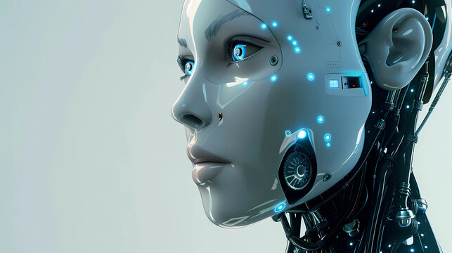 Female robot face, Artificial intelligence concept.