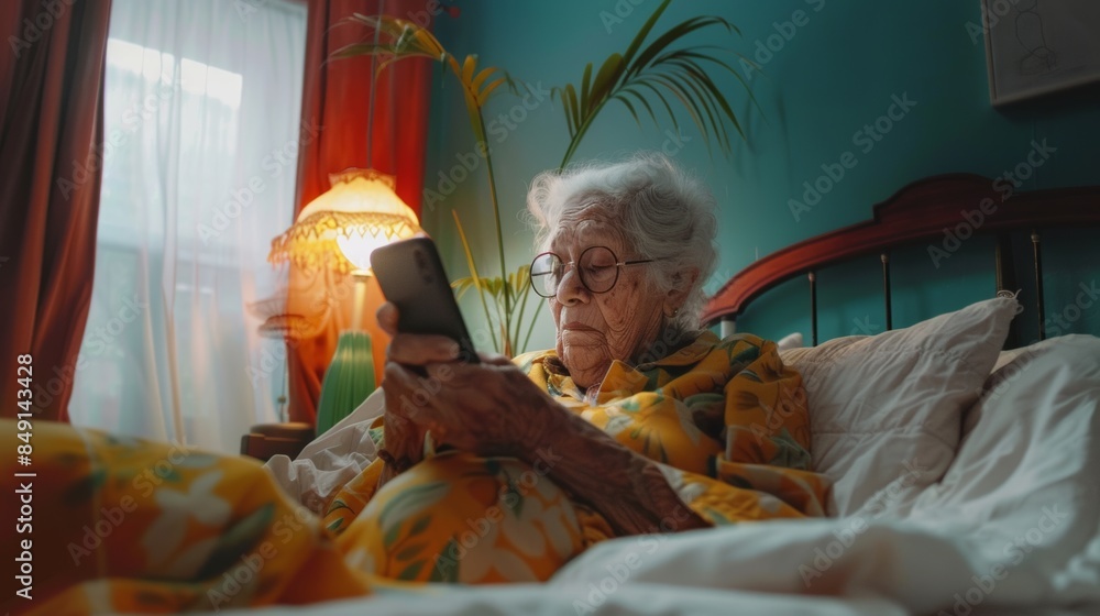 Canvas Prints An older woman laying in bed with a cell phone