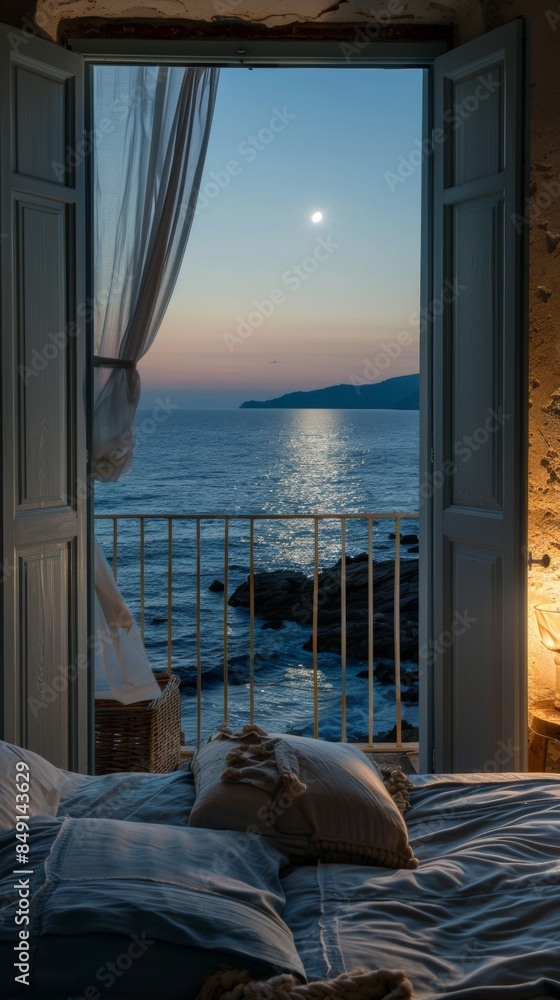 Poster A bedroom with a view of the ocean