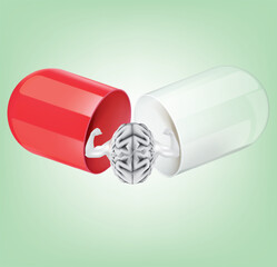 An image of an opened medicine capsule showing a healthy brain.