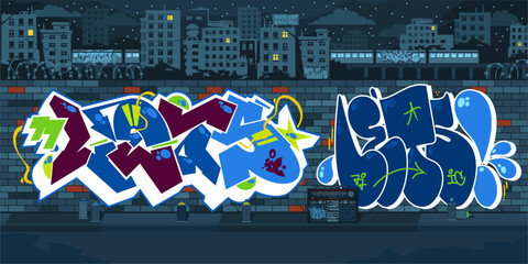 Dark Outdoor Urban Graffiti Wall With Drawings At Night Against The Background Of The Cityscape © Anton Kustsinski