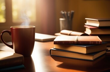 Naklejka premium stack of books with cup of coffee in home interior. Concept of education and literature reading. Cozy time for reading books and drinking coffee.