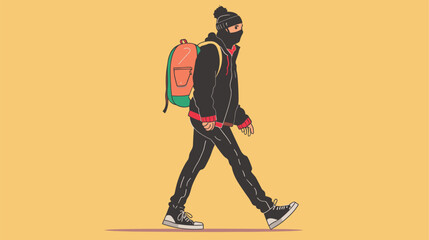 Young adult male walking profile view wearing winter clothing. Person equipped backpack, beanie, face mask indicating cold weather. Casual style man strolling, suggesting urban lifestyle commuting