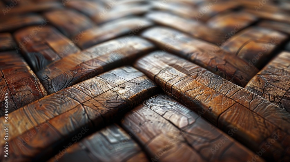 Poster detailed view of a dark wooden surface with an intricate interwoven pattern creating a rustic feel