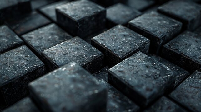Macro shot of water droplets on dark metallic cobblestones with focused lighting