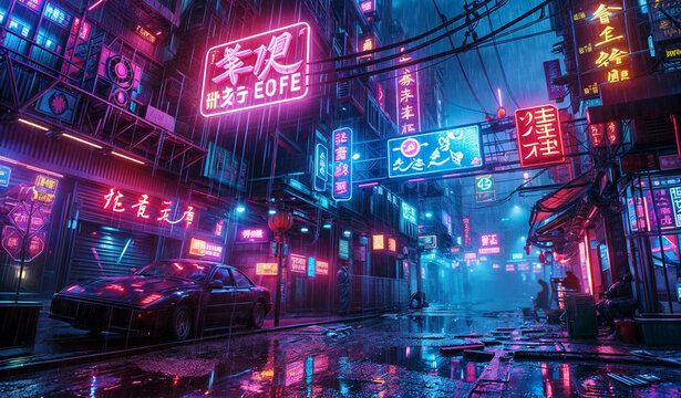Cyberpunk streets illustration, futuristic city foggy, 
 lights in the nightclub blue color night of the neon street downtown in Shinjuku Tokyo, soft blurred empty place, 4k background.