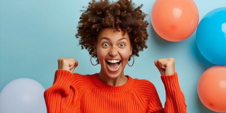 Happy woman celebrates job offer received online expressing excitement and gratitude. Concept Job Offer Celebration, Online Reaction, Excitement and Gratitude, Happy Woman, Virtual Announcement